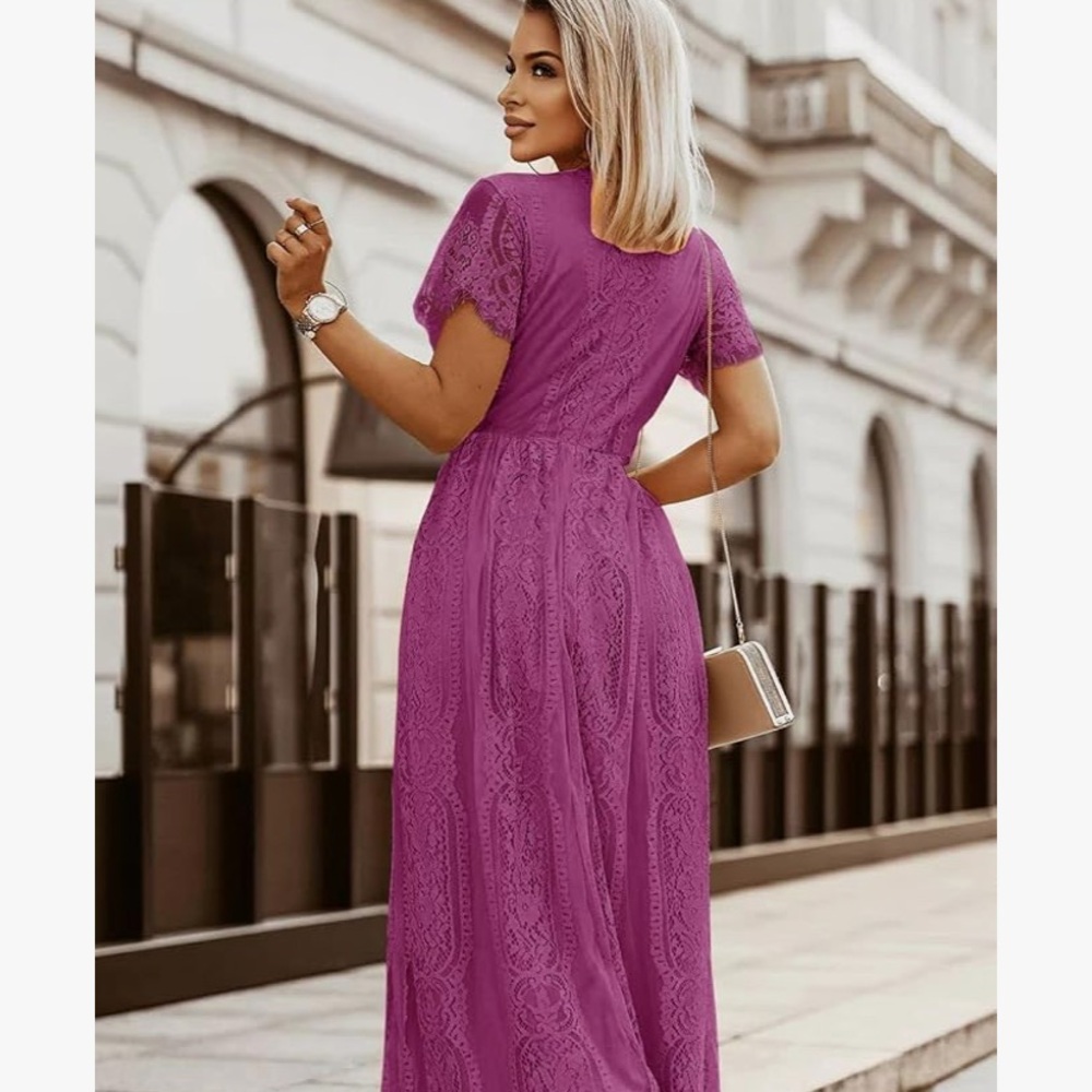 Women's Purple Lace Midi Dress - Elegant V-Neck Design - Picture 3 of 8